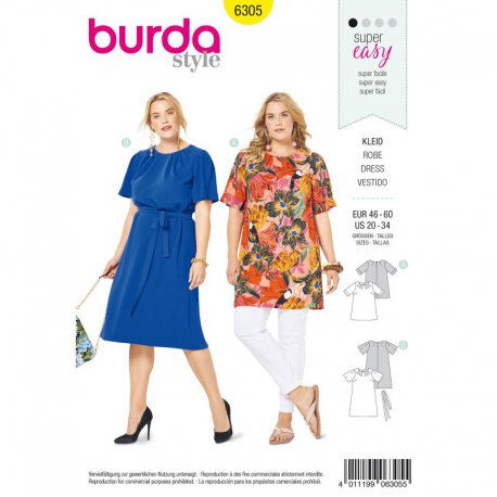 Burda 6305 blouse jurkje van viscose, katoen of crepe maatje meer. Super Easy