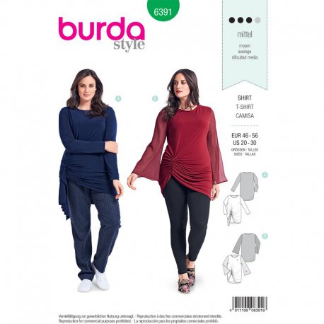 Burda 6391 Shirts maatje meer van Jersey, Tricot of crepe