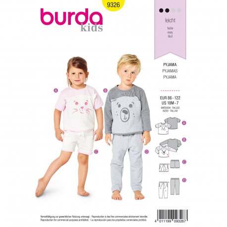 Burda 9326 Pyama's voor kleuters van Jersey, Tricot of Jogging