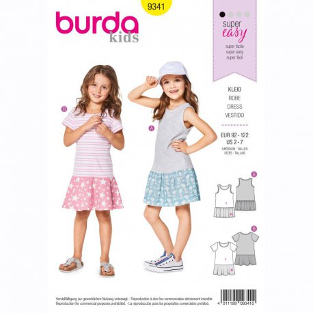 Burda 9341 Jurkjes voor kleuter van Tricot Jersey, Katoen of Jeans