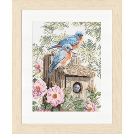 Lanarte Blauwe vogels op huisje Op Linnen of Aida
