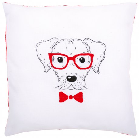 Borduurkussen kit Hond met rode bril