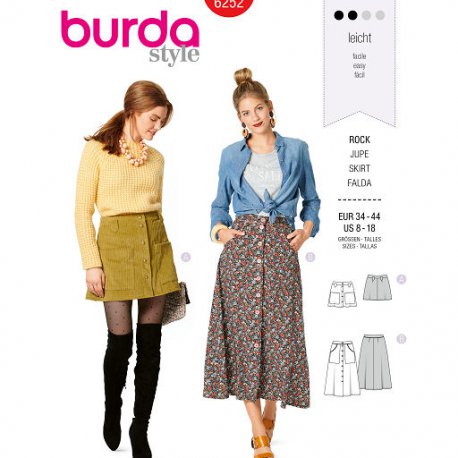 Burda 6252 Rokken van Katoen, dunne jeans, Viscose of ribcord