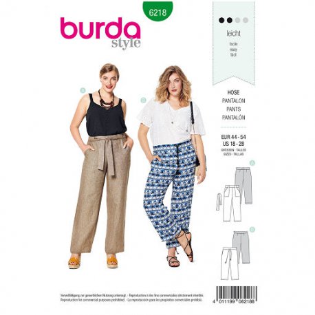 Burda 6218 Broeken van katoen, crepe of Linnen maatje meer