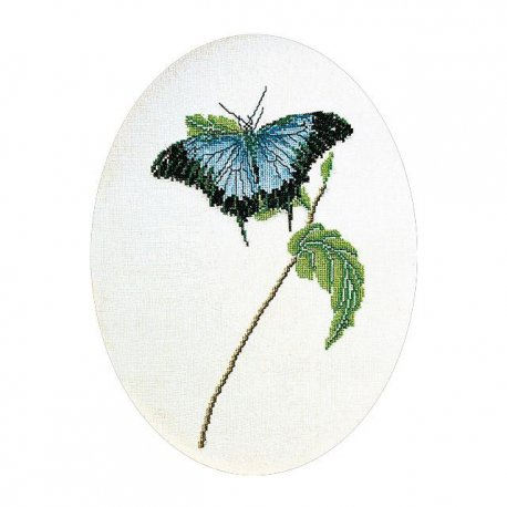 Thea G.Vlinder blauw op Aida of Linnen