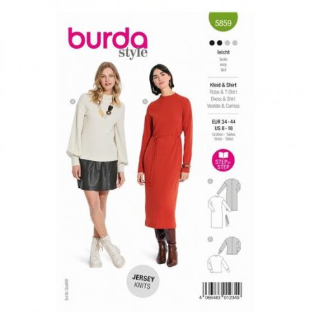 Burda 5859 Jurk en Top van Gebreid, jogging, jersey