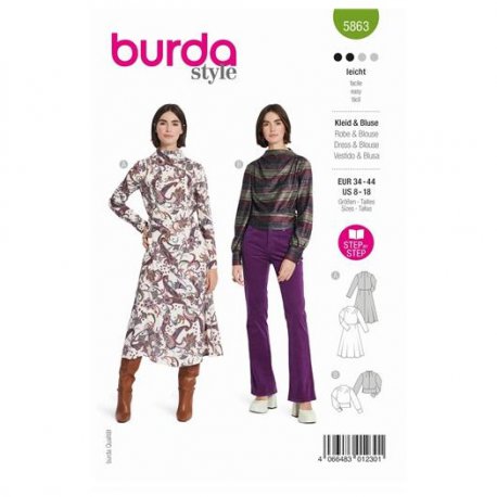 Burda 5863 Jurk en Blouse van katoen, crepe, viscose