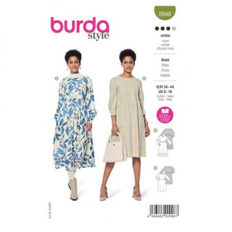Burda 5948 Jurken van Viscose, Crepe, Mousseline
