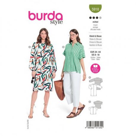 Burda 6026 Jurk en Blouse van katoen, crepe, viscose, poplin
