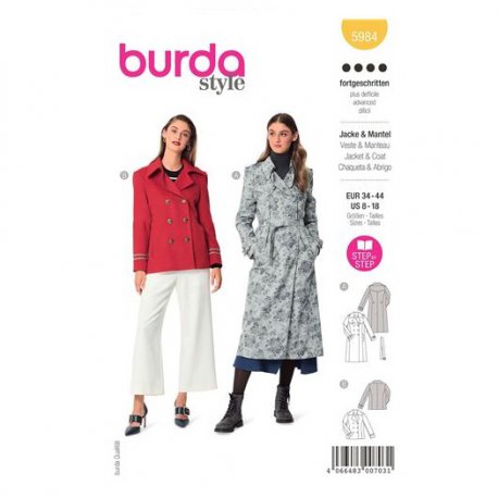 Burda 5984 Caban Jas en Trenchcoat van Gabardine, Poplin, Stofmenging, Wol