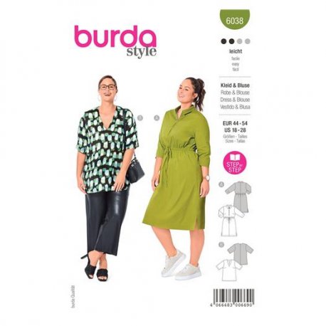 Burda 6038 Jurk en Blouse van Katoen, stofmenging, Viscose, zijde