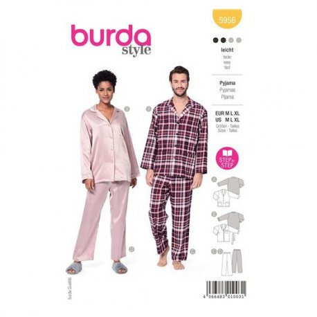 Burda 5956 Unisex Pyjama van katoen, Satijn, Flanel, Zijde