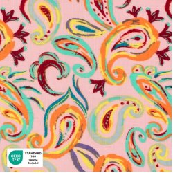 Geweven Katoen Viscose stof slub geprint Paisley Licht roze 23044/011